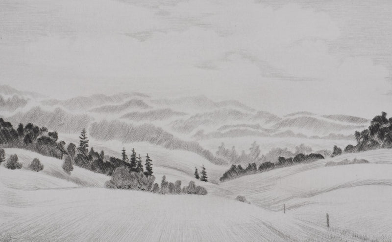 Camille COMBE : Les lointains du Jura, Gravure originale signée