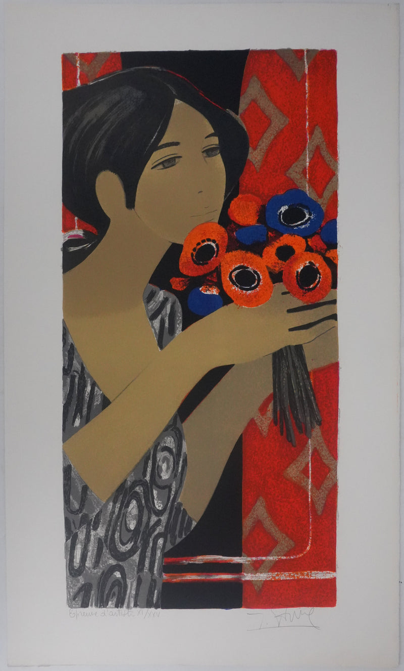 Yves GANNE : Portrait de femme aux fleurs oranges, Lithographie originale signée