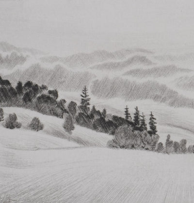 Camille COMBE : Les lointains du Jura, Gravure originale signée