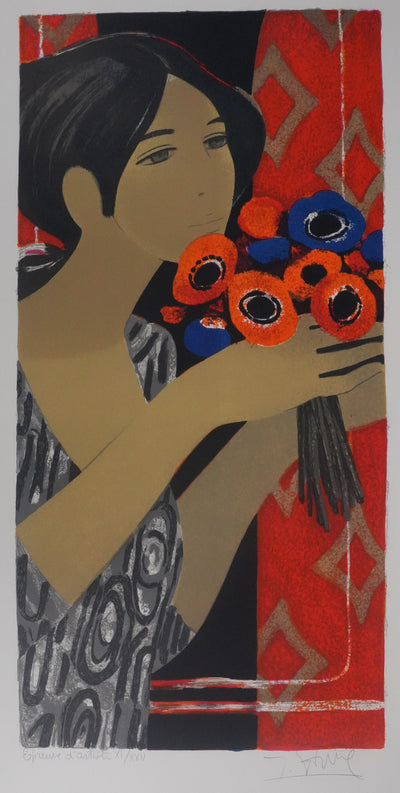 Yves GANNE : Portrait de femme aux fleurs oranges, Lithographie originale signée