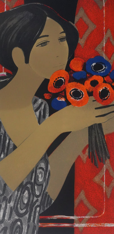 Yves GANNE : Portrait de femme aux fleurs oranges, Lithographie originale signée