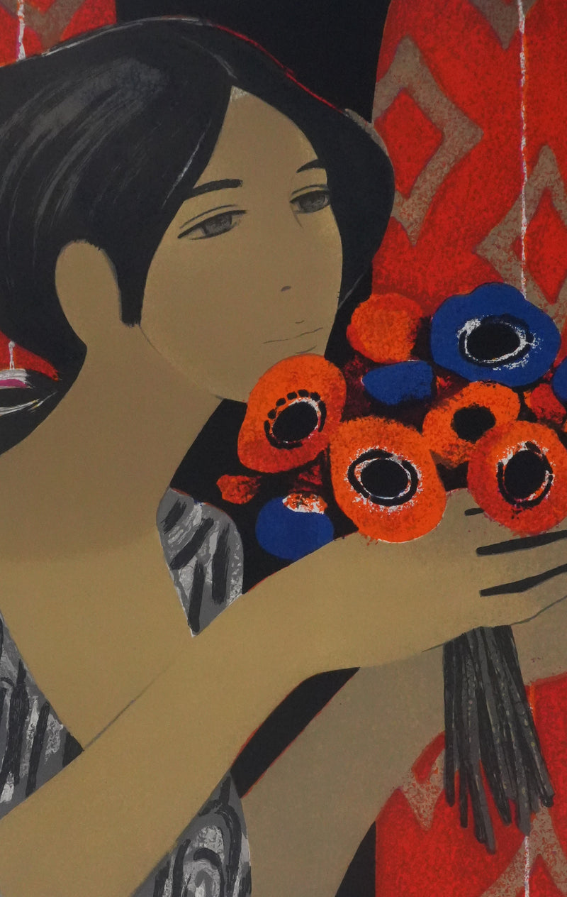 Yves GANNE : Portrait de femme aux fleurs oranges, Lithographie originale signée