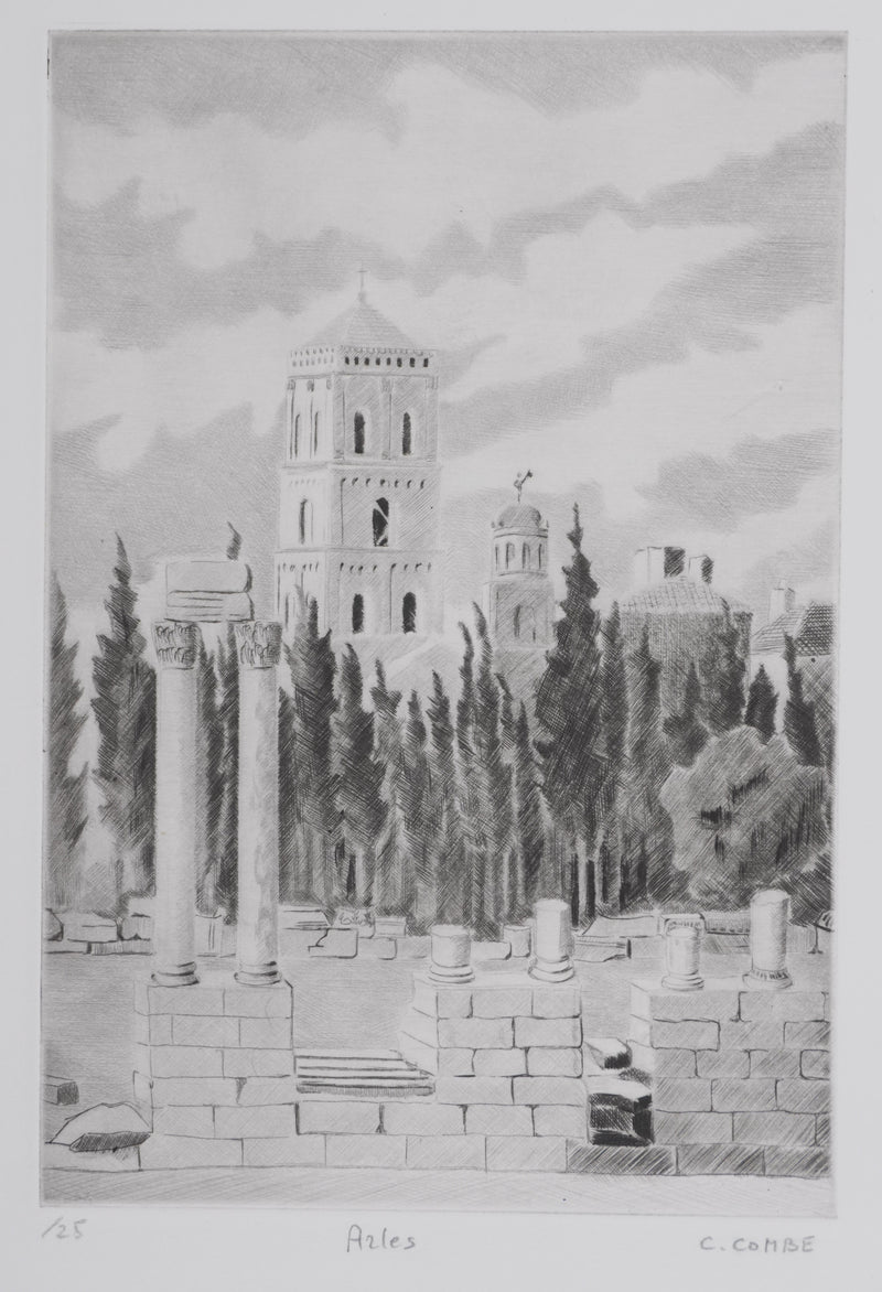 Camille COMBE : Arles, Gravure originale signée