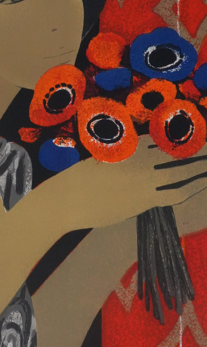 Yves GANNE : Portrait de femme aux fleurs oranges, Lithographie originale signée