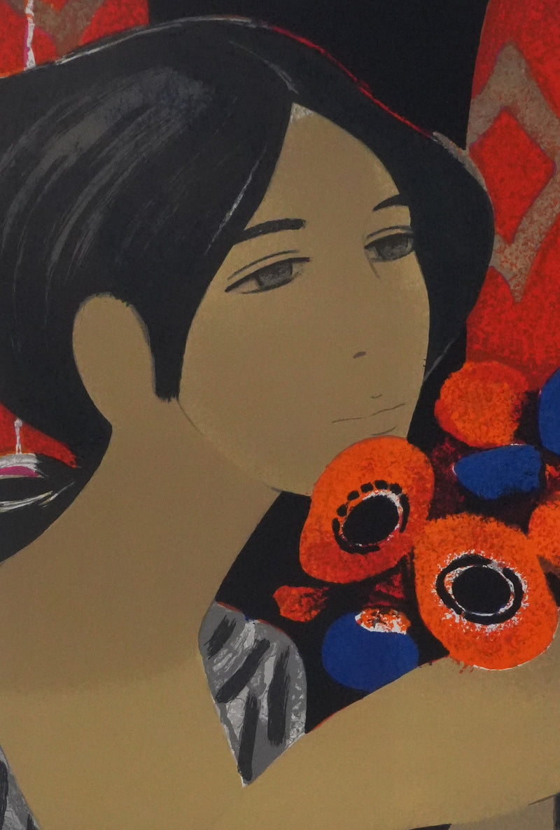 Yves GANNE : Portrait de femme aux fleurs oranges, Lithographie originale signée