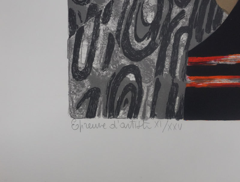 Yves GANNE : Portrait de femme aux fleurs oranges, Lithographie originale signée