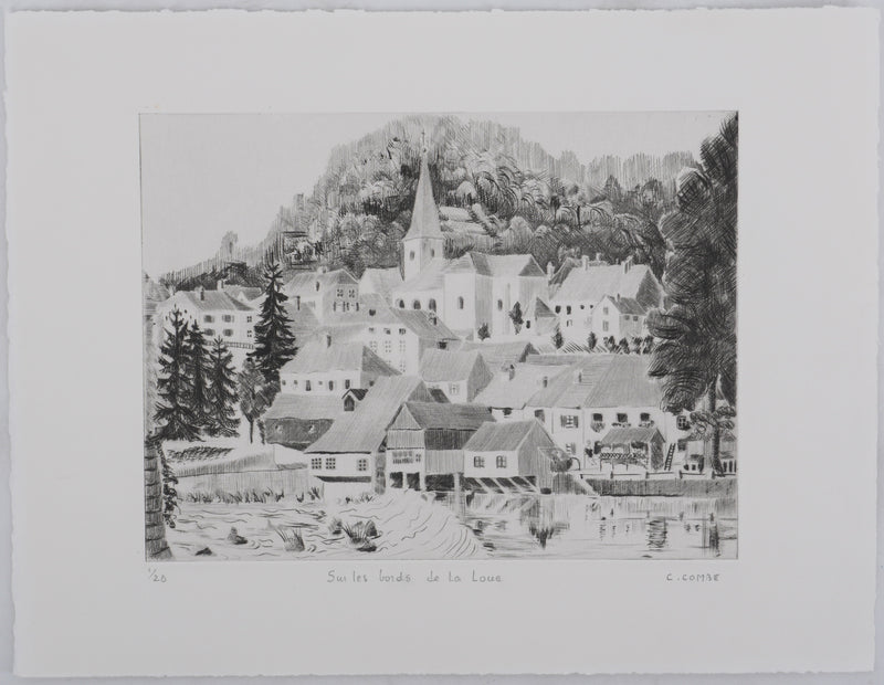 Camille COMBE : Sur les bords de la Loue, Gravure originale signée