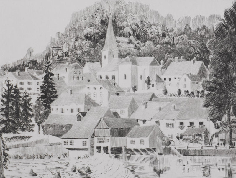 Camille COMBE : Sur les bords de la Loue, Gravure originale signée