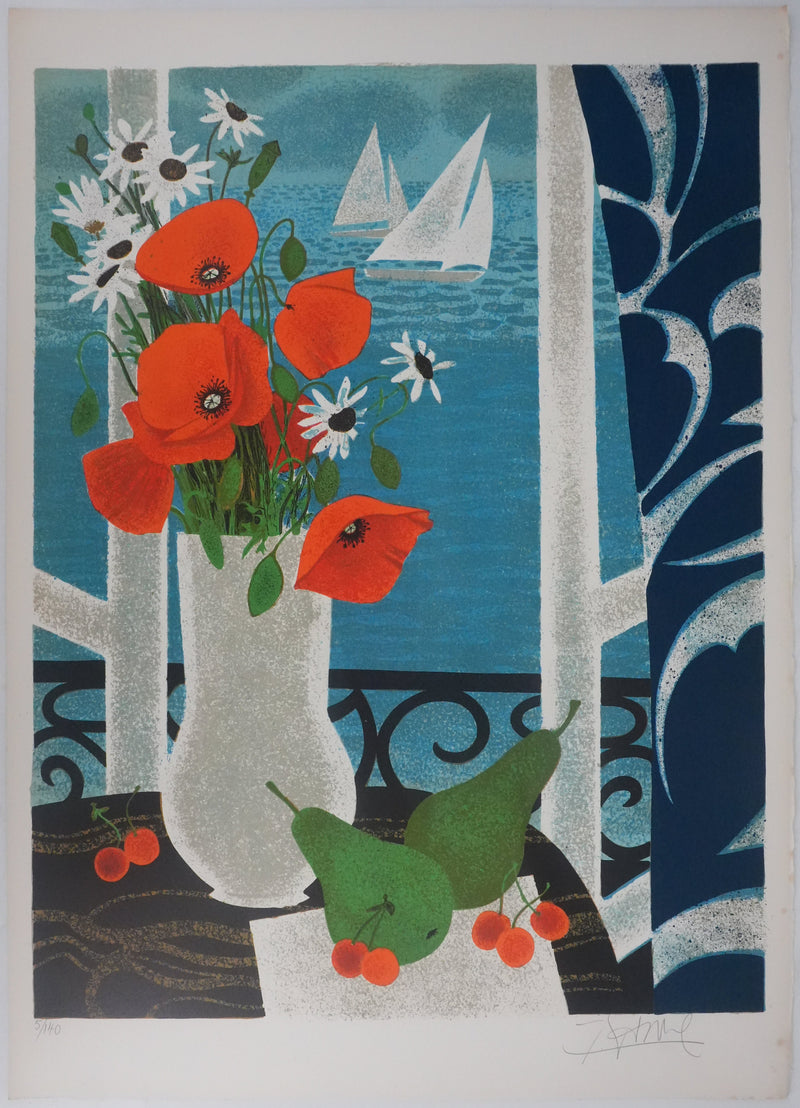 Yves GANNE : Les coquelicots devant la mer, Lithographie originale signée