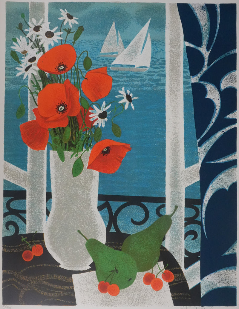 Yves GANNE : Les coquelicots devant la mer, Lithographie originale signée