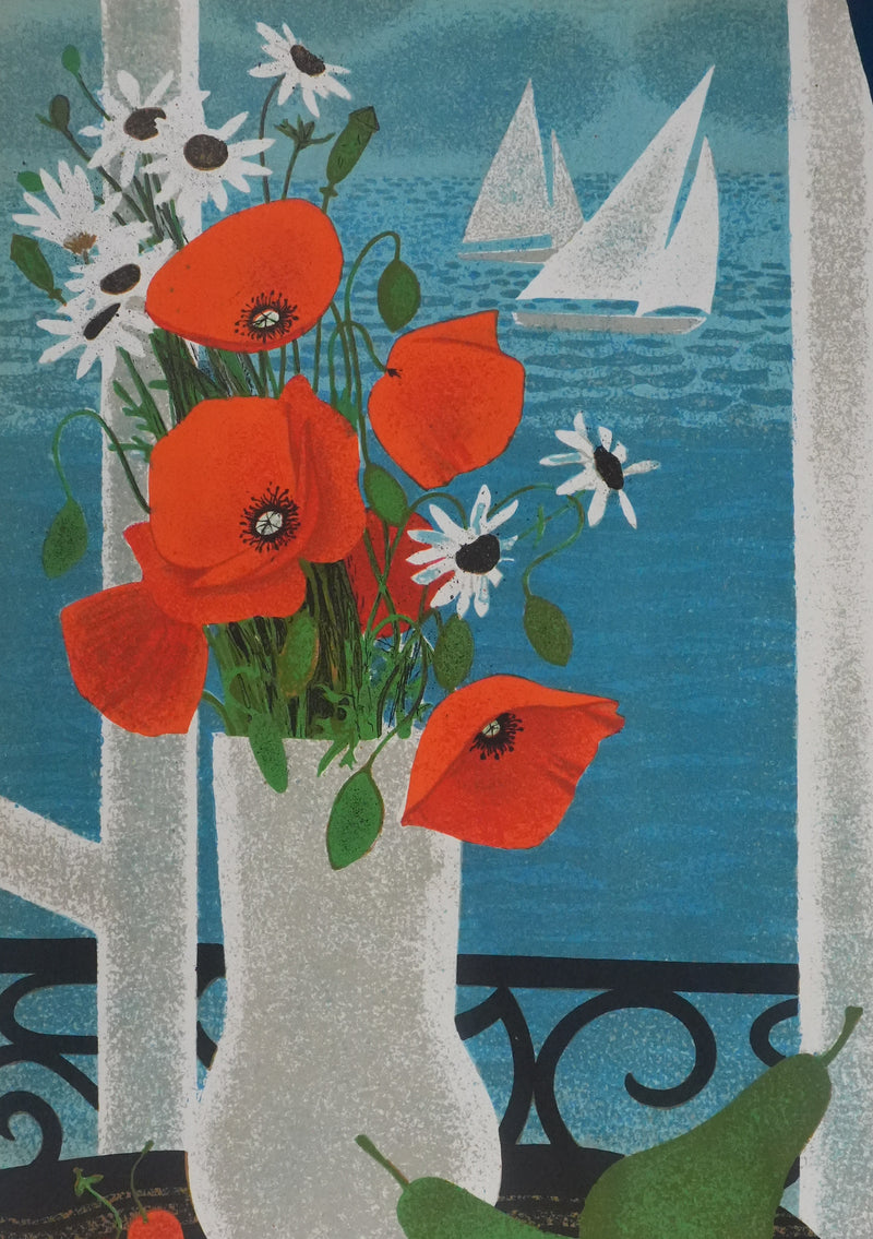 Yves GANNE : Les coquelicots devant la mer, Lithographie originale signée