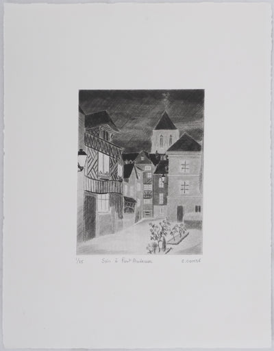 Camille COMBE : Soir à Pont-Audemer, Gravure originale signée