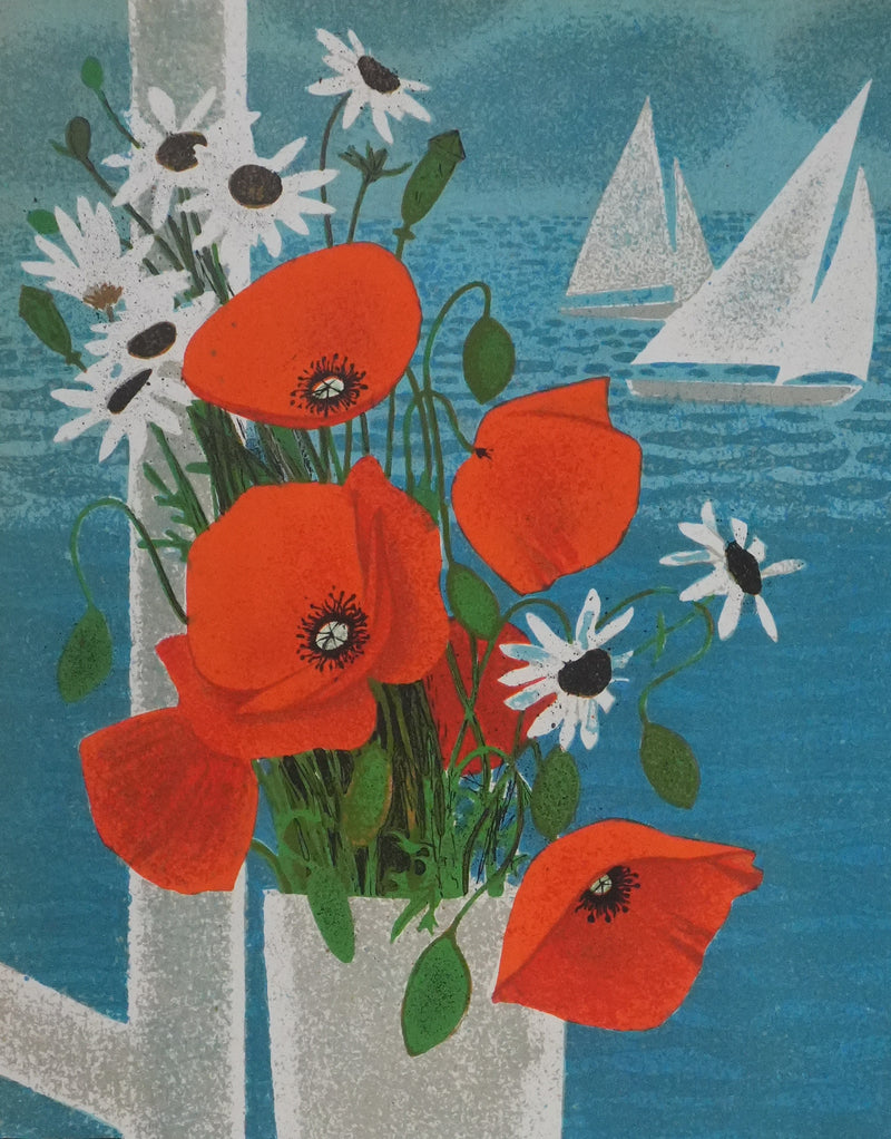 Yves GANNE : Les coquelicots devant la mer, Lithographie originale signée