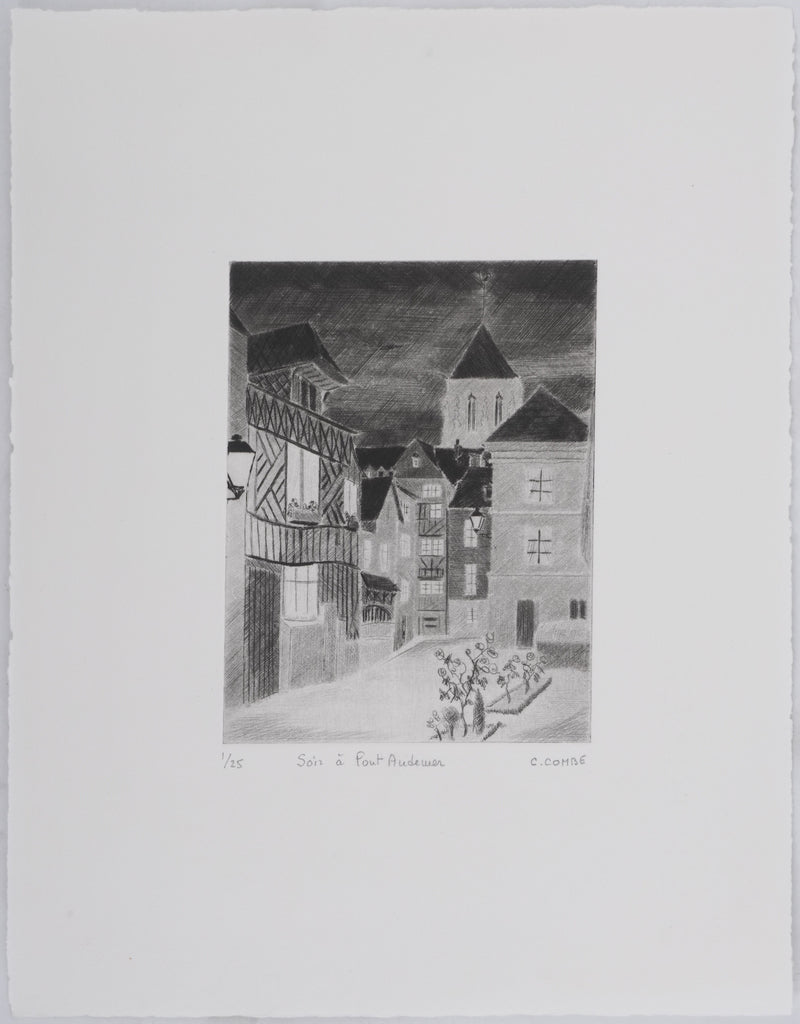 Camille COMBE : Soir à Pont-Audemer, Gravure originale signée