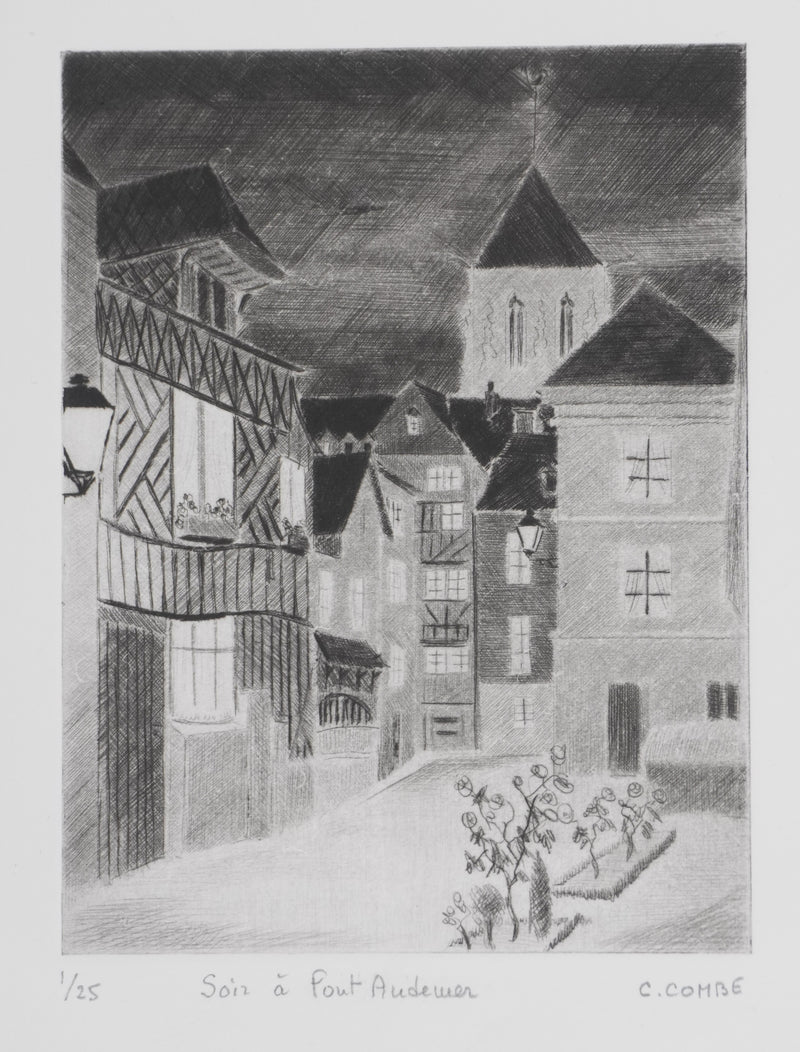 Camille COMBE : Soir à Pont-Audemer, Gravure originale signée