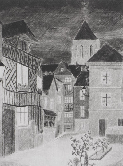 Camille COMBE : Soir à Pont-Audemer, Gravure originale signée
