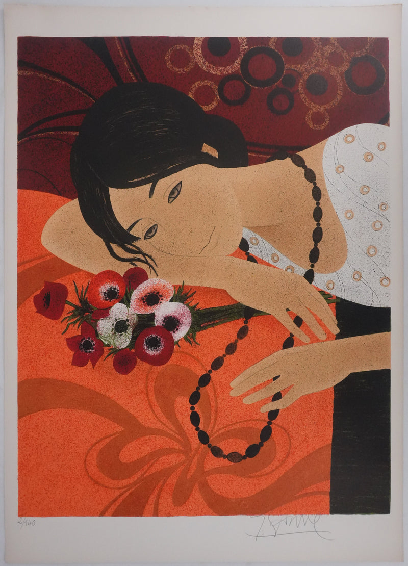 Yves GANNE : Femme au bouquet, Lithographie originale signée