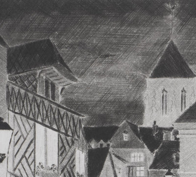 Camille COMBE : Soir à Pont-Audemer, Gravure originale signée