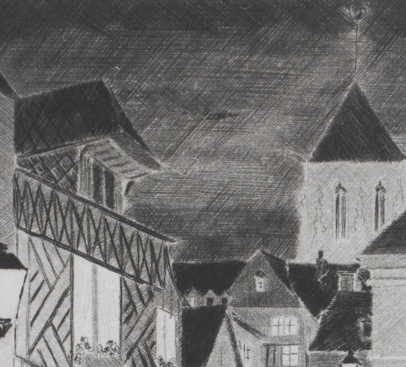 Camille COMBE : Soir à Pont-Audemer, Gravure originale signée