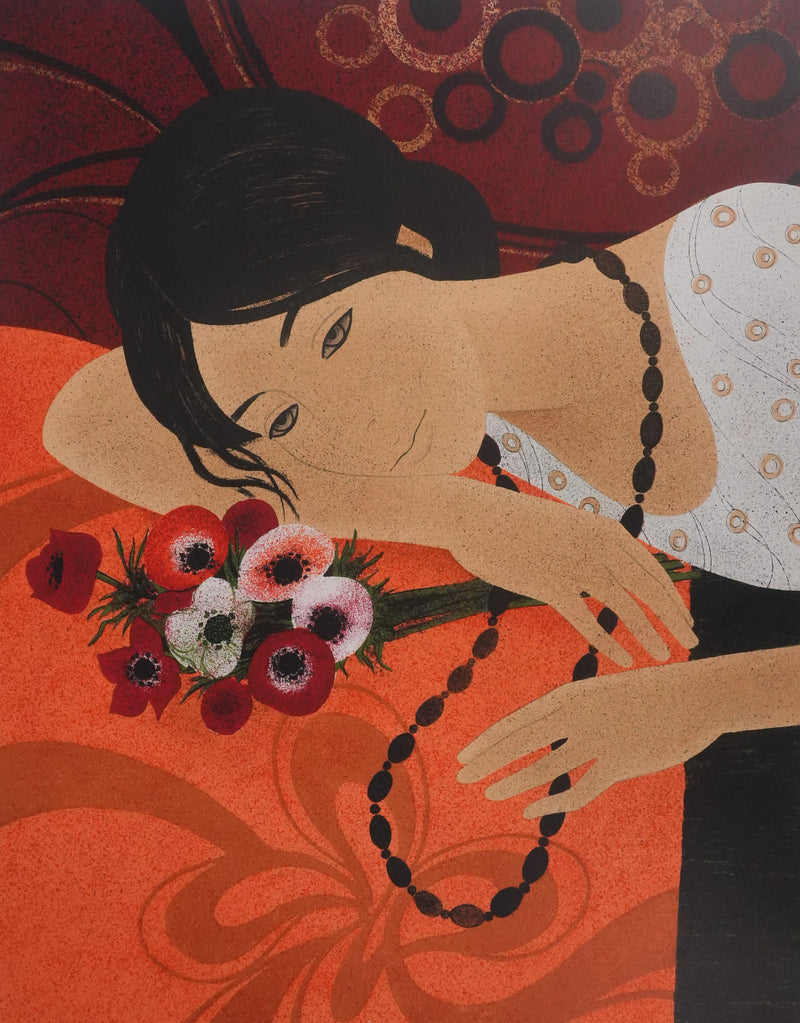 Yves GANNE : Femme au bouquet, Lithographie originale signée