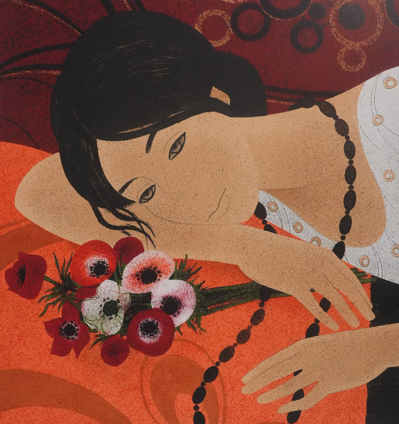 Yves GANNE : Femme au bouquet, Lithographie originale signée