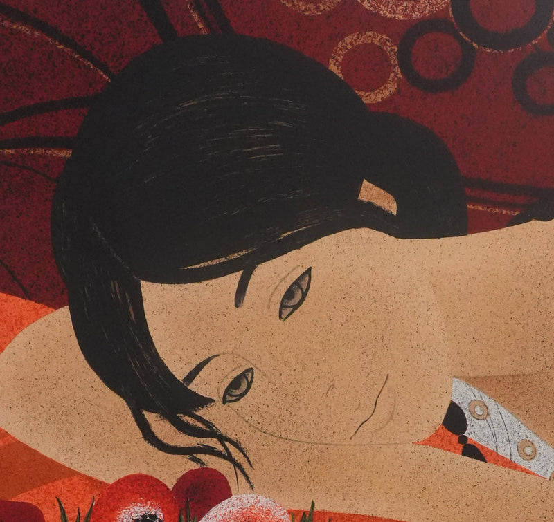 Yves GANNE : Femme au bouquet, Lithographie originale signée