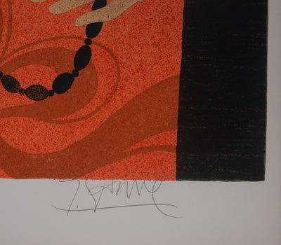 Yves GANNE : Femme au bouquet, Lithographie originale signée