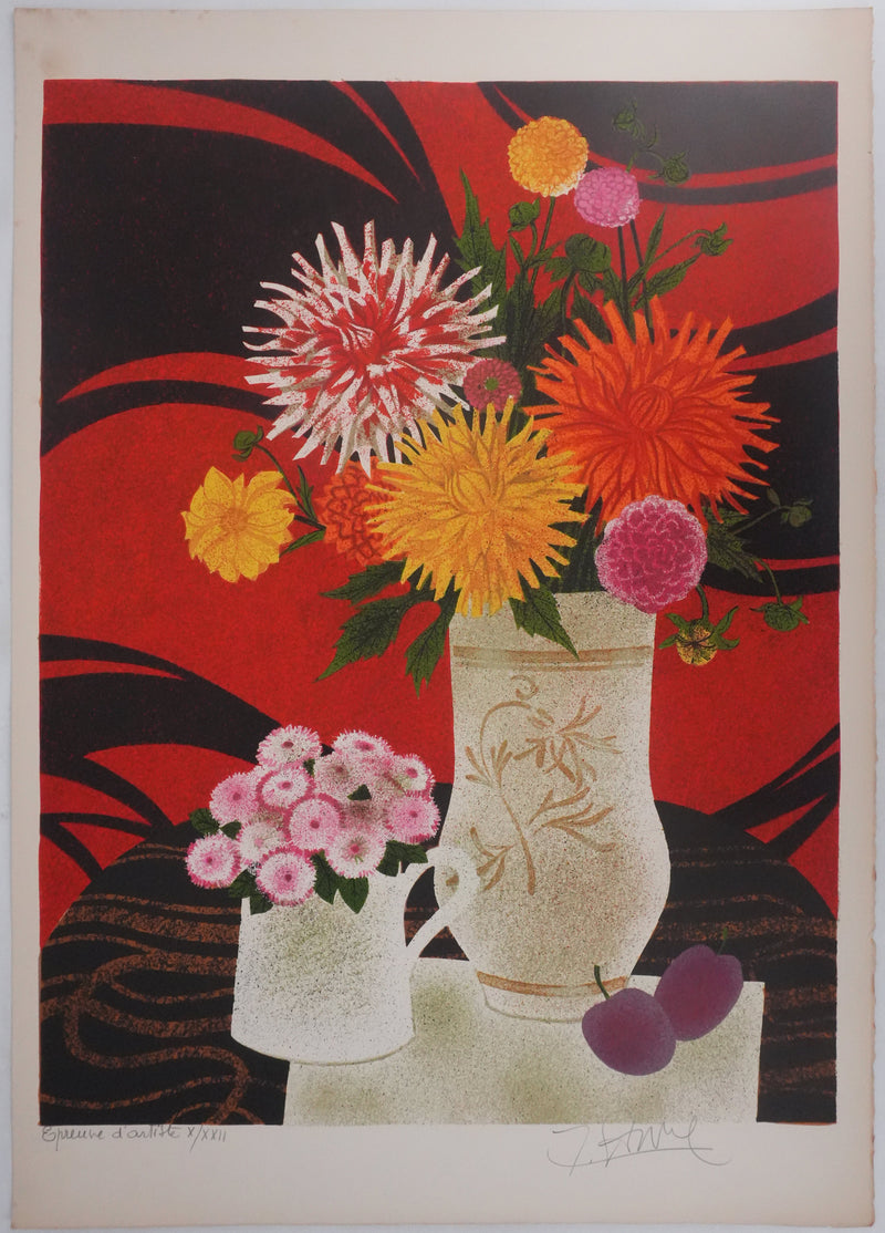 Yves GANNE : Le bouquet de dahlias, Lithographie originale signée