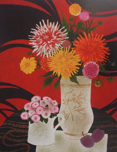 Yves GANNE : Le bouquet de dahlias, Lithographie originale signée