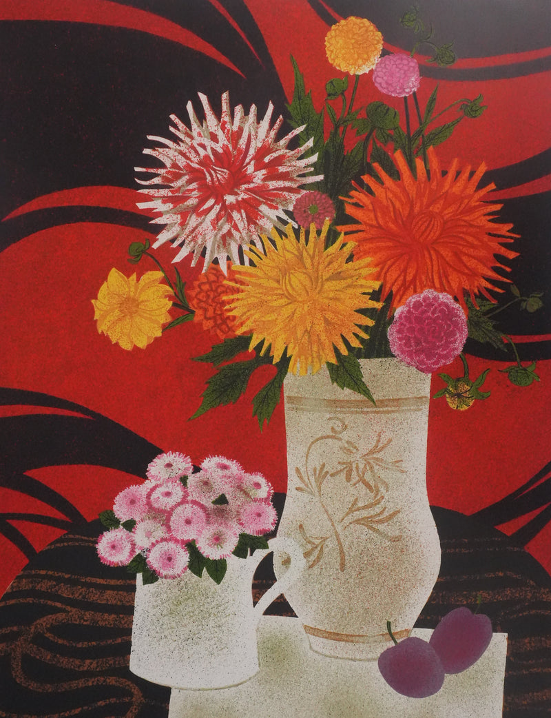 Yves GANNE : Le bouquet de dahlias, Lithographie originale signée