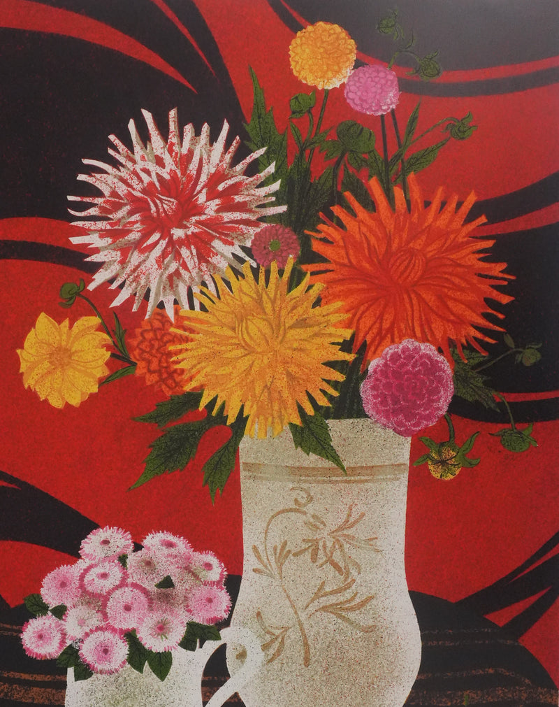 Yves GANNE : Le bouquet de dahlias, Lithographie originale signée
