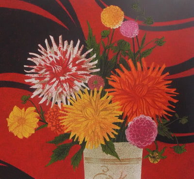 Yves GANNE : Le bouquet de dahlias, Lithographie originale signée