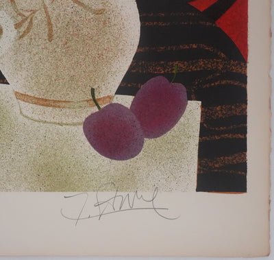 Yves GANNE : Le bouquet de dahlias, Lithographie originale signée