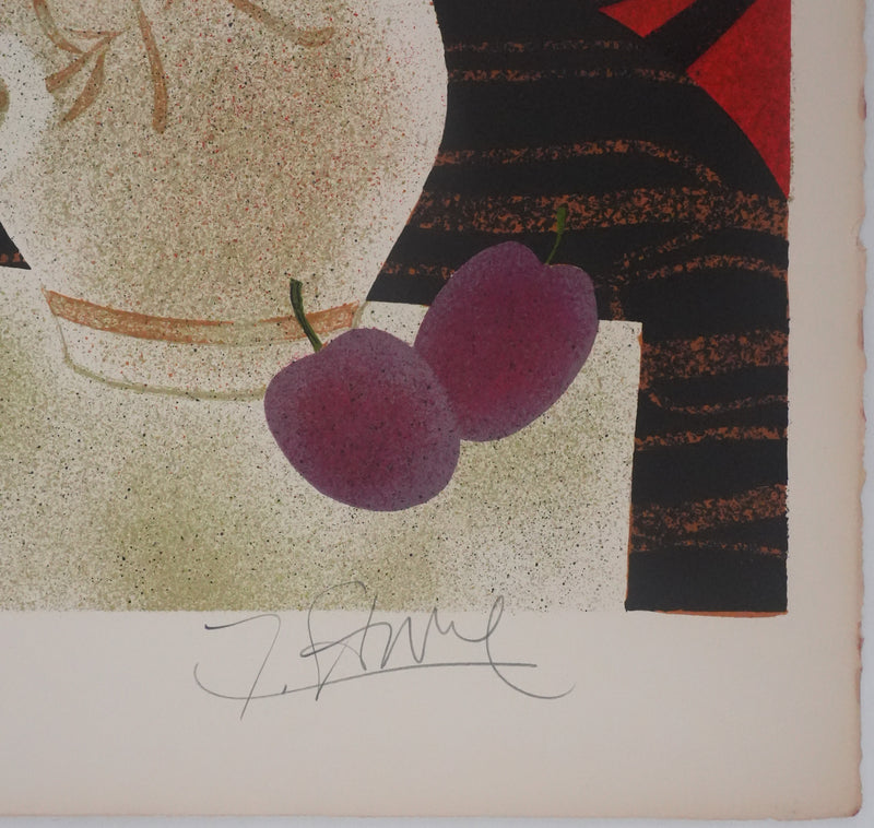 Yves GANNE : Le bouquet de dahlias, Lithographie originale signée