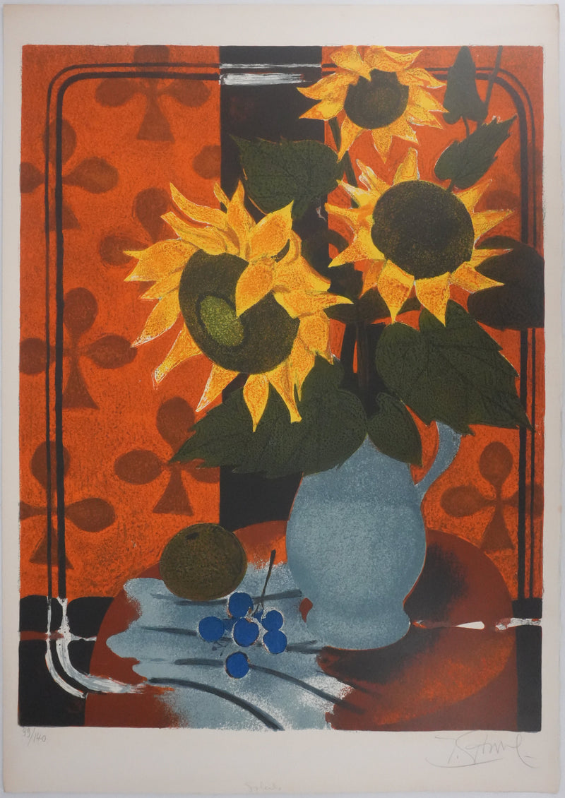 Yves GANNE : Le bouquet de tournesols, Lithographie originale signée