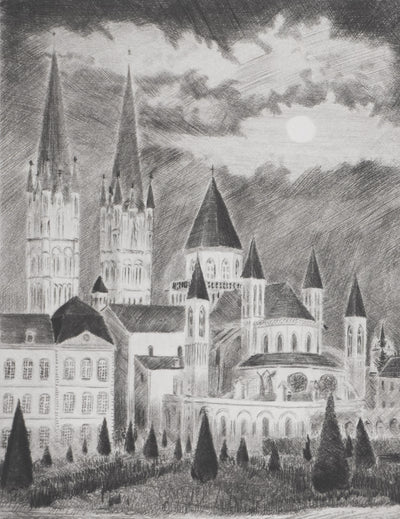Camille COMBE : Caen, L'abbaye aux hommes, Gravure originale signée