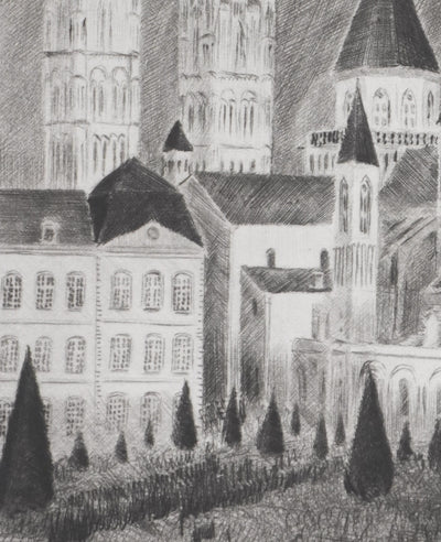 Camille COMBE : Caen, L'abbaye aux hommes, Gravure originale signée