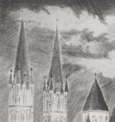 Camille COMBE : Caen, L'abbaye aux hommes, Gravure originale signée
