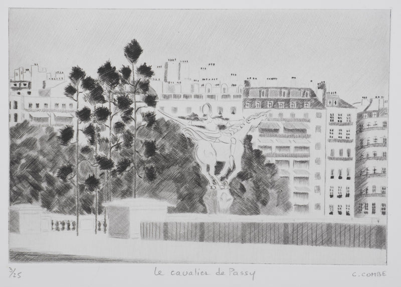 Camille COMBE : Le cavalier de Passy, Gravure originale signée