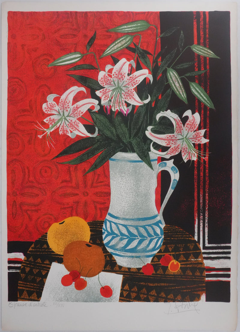 Yves GANNE : Les fleurs aux pétales roses, Lithographie originale signée