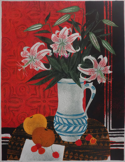 Yves GANNE : Les fleurs aux pétales roses, Lithographie originale signée