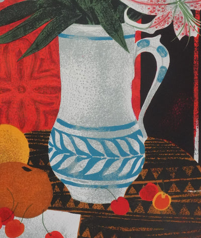 Yves GANNE : Les fleurs aux pétales roses, Lithographie originale signée