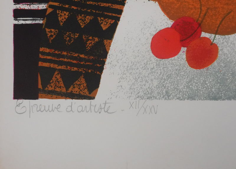 Yves GANNE : Les fleurs aux pétales roses, Lithographie originale signée