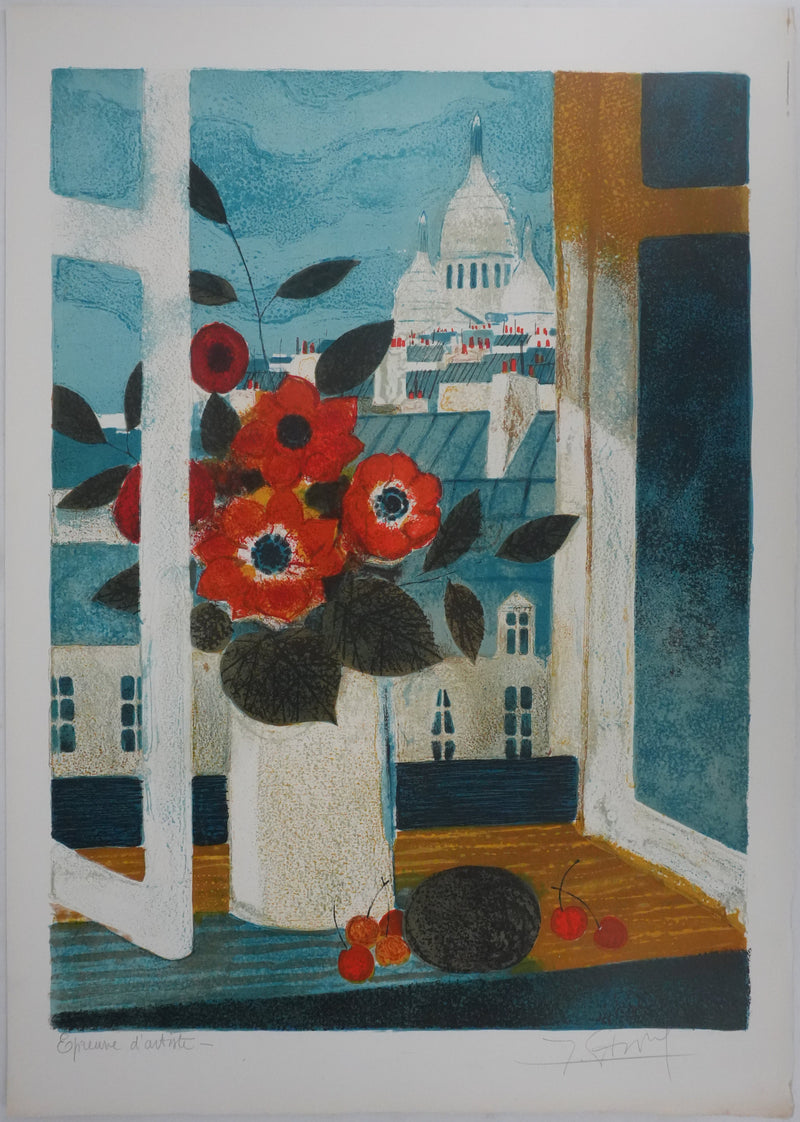 Yves GANNE : Les fleurs devant le Sacré-Cœur, Lithographie originale signée