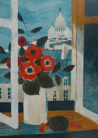 Yves GANNE : Les fleurs devant le Sacré-Cœur, Lithographie originale signée