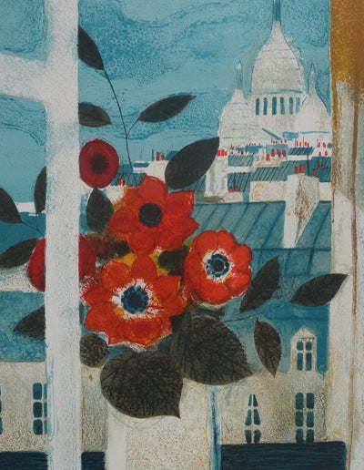 Yves GANNE : Les fleurs devant le Sacré-Cœur, Lithographie originale signée