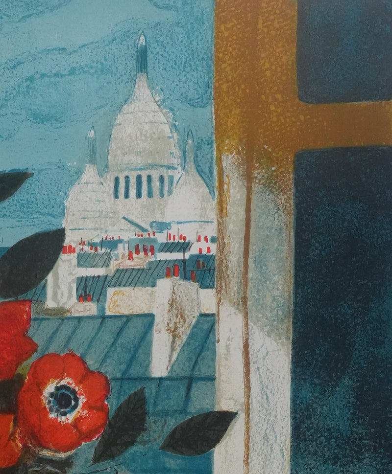 Yves GANNE : Les fleurs devant le Sacré-Cœur, Lithographie originale signée