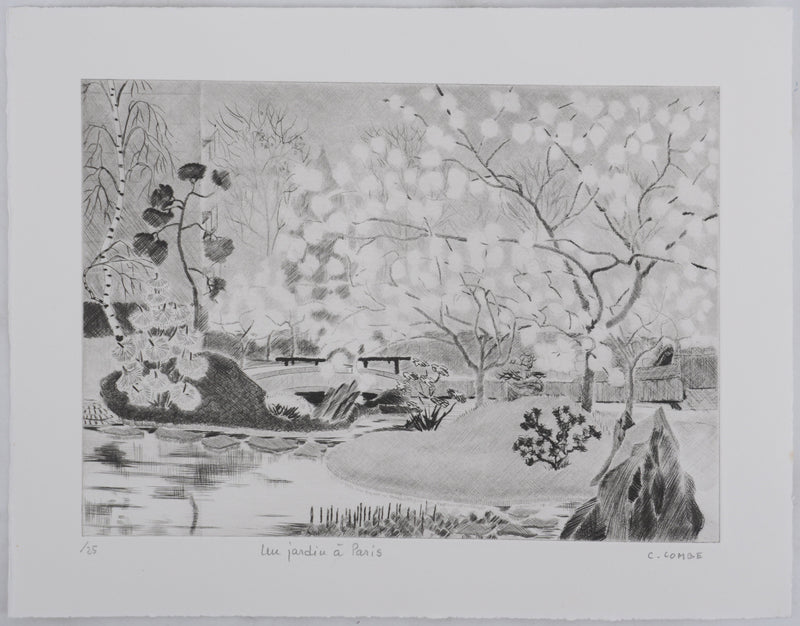 Camille COMBE : Un jardin à Paris, Gravure originale signée