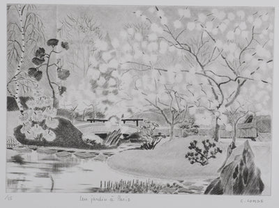 Camille COMBE : Un jardin à Paris, Gravure originale signée