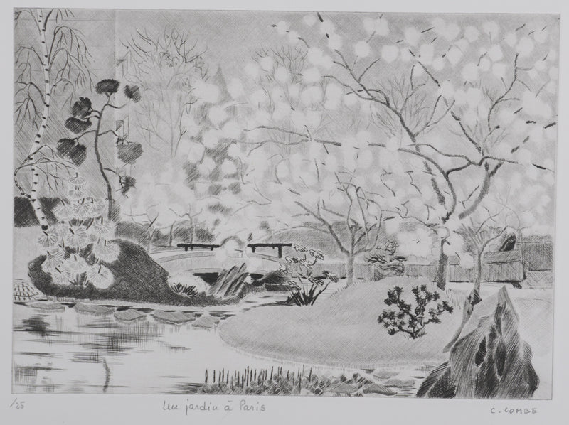 Camille COMBE : Un jardin à Paris, Gravure originale signée